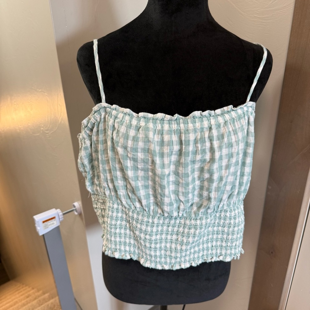 American Eagle Blue White Gingham Plaid Strappy‎ Crop Tank Smocked Ruffle Top XL